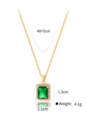 Green Cubic Zirconia Decor Geometric Pendant Necklace for Women Girls