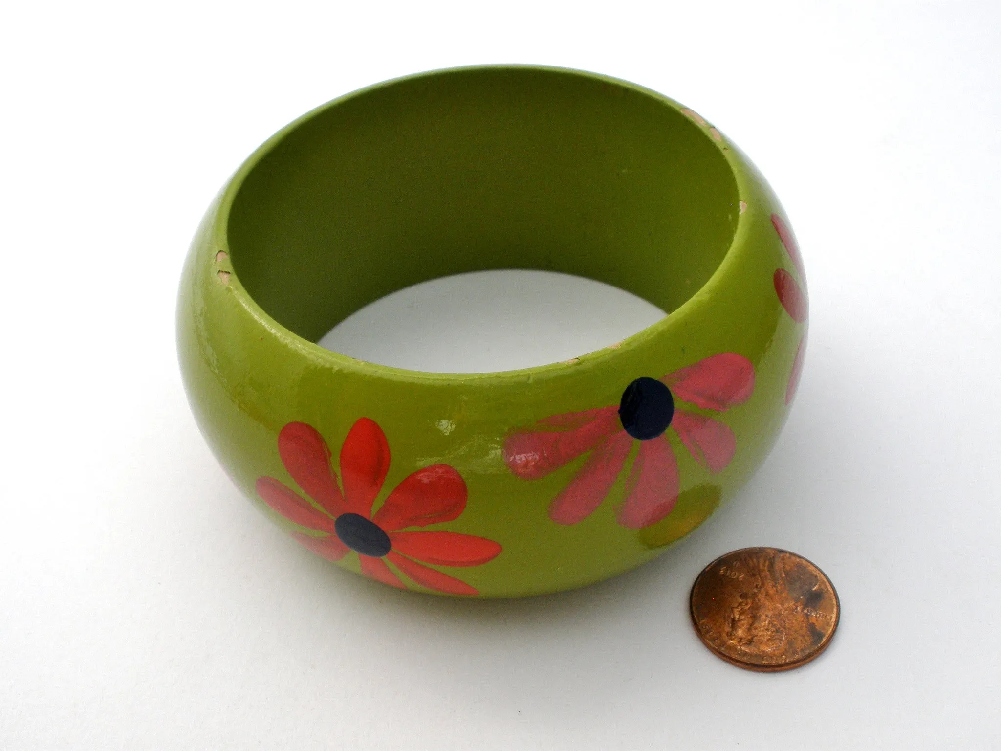 Hand Painted Flower Wood Bangle Bracelet Vintage