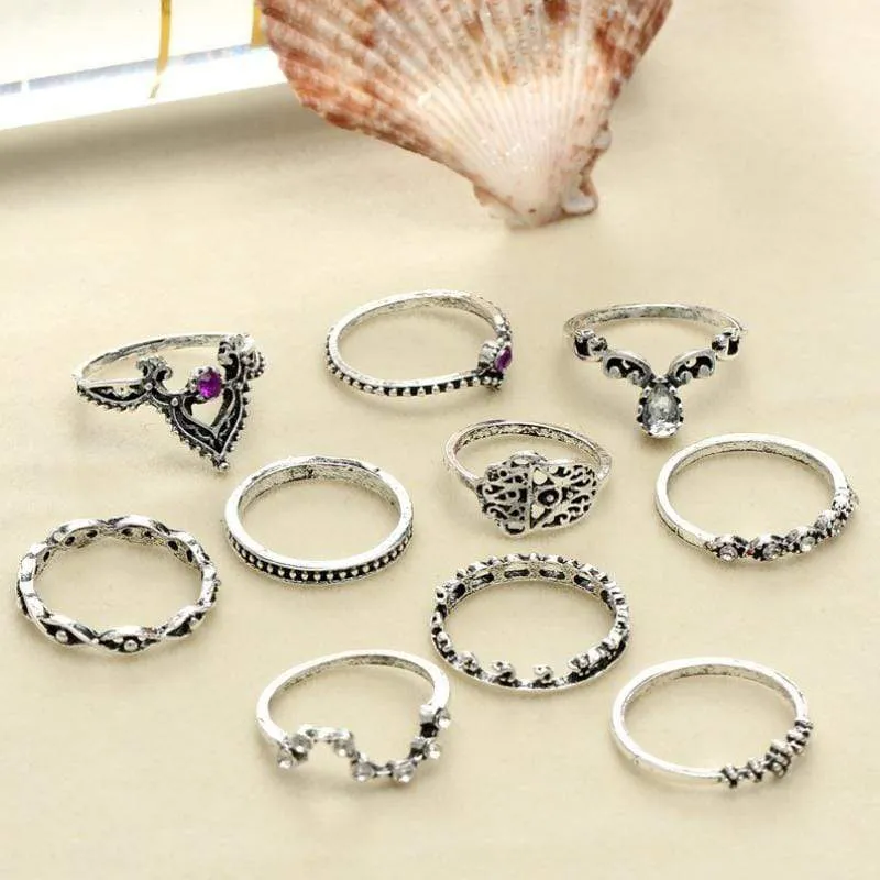 Hollow Crown Punk Silver Knuckle Ring Set