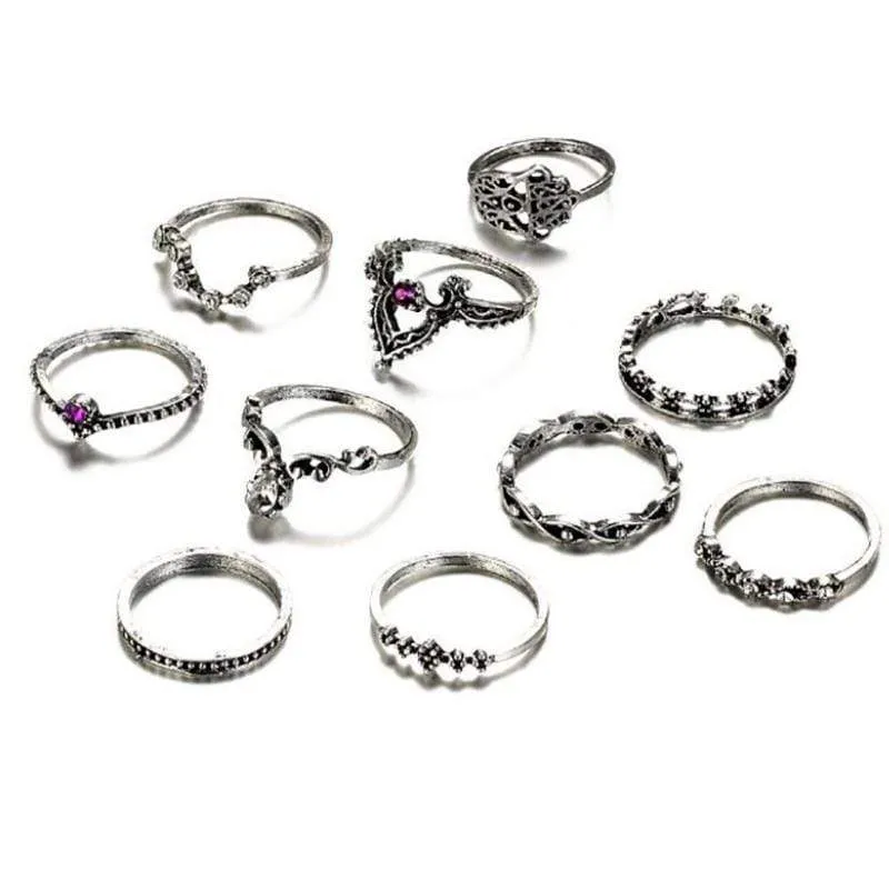 Hollow Crown Punk Silver Knuckle Ring Set