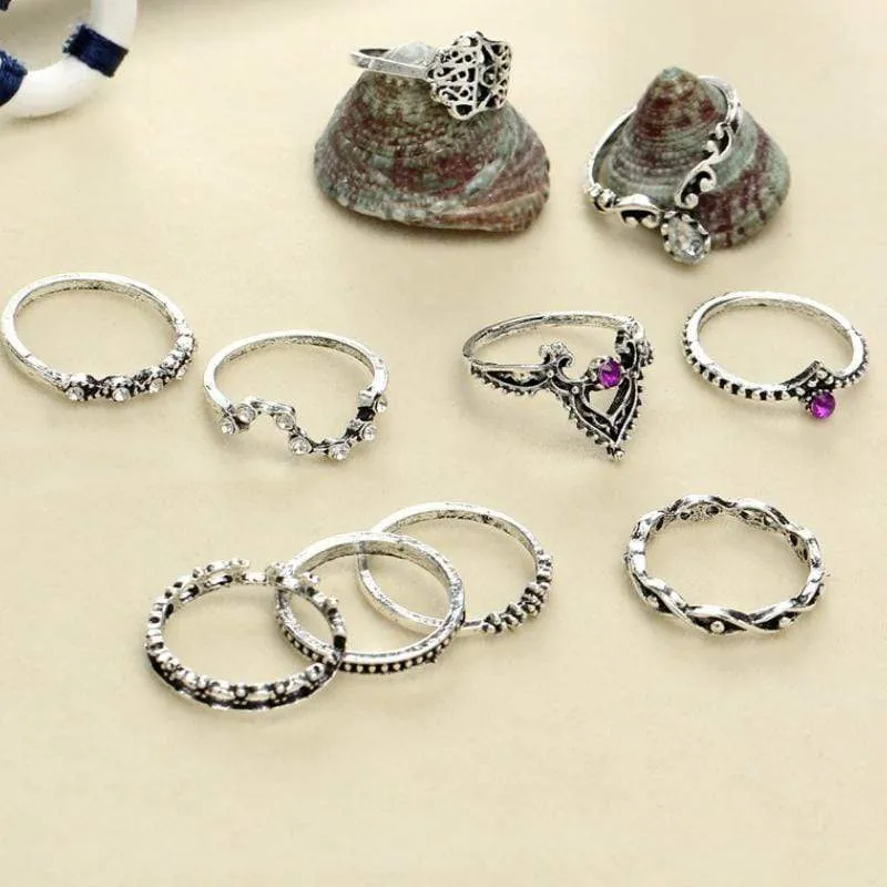 Hollow Crown Punk Silver Knuckle Ring Set