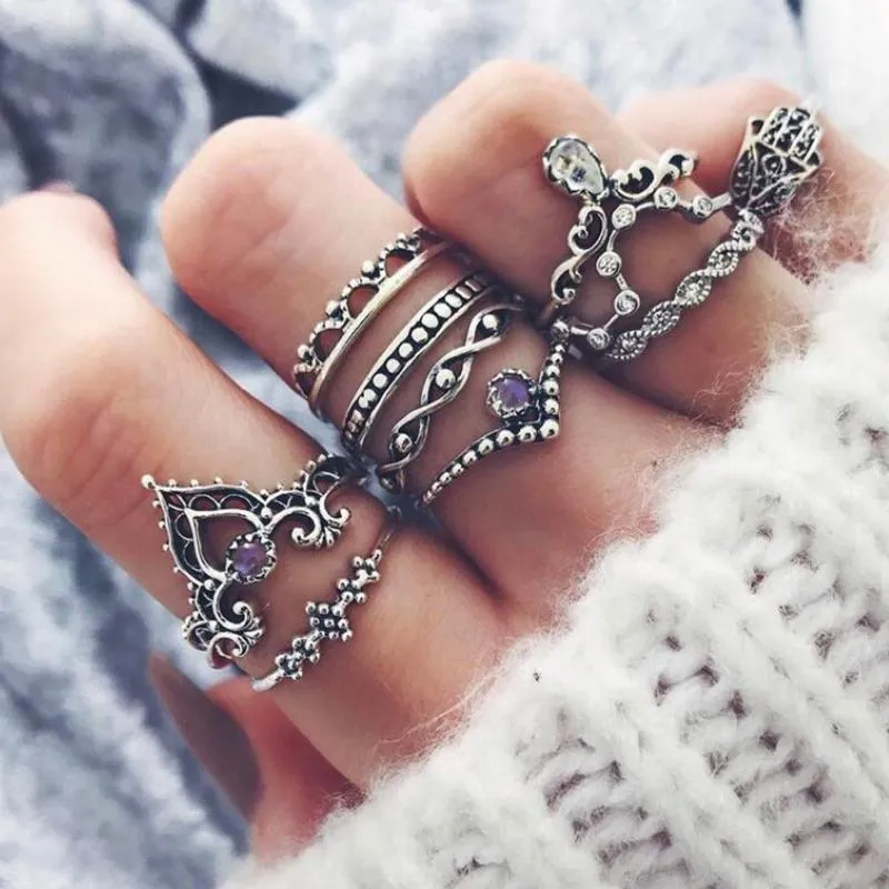 Hollow Crown Punk Silver Knuckle Ring Set