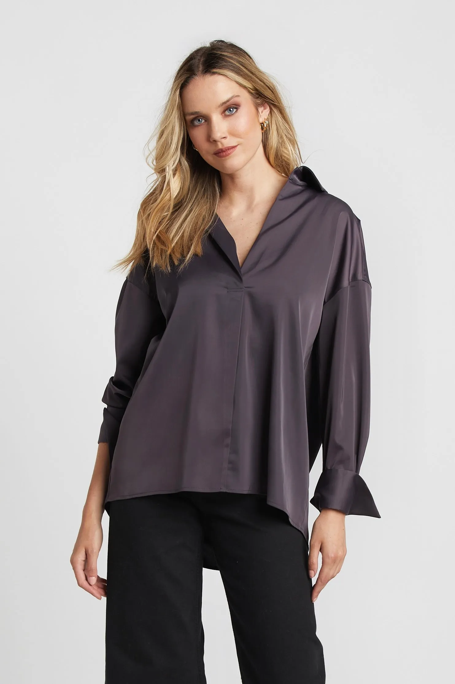 Kay Popover Satin Blouse With Long Cuffs - Mulberry