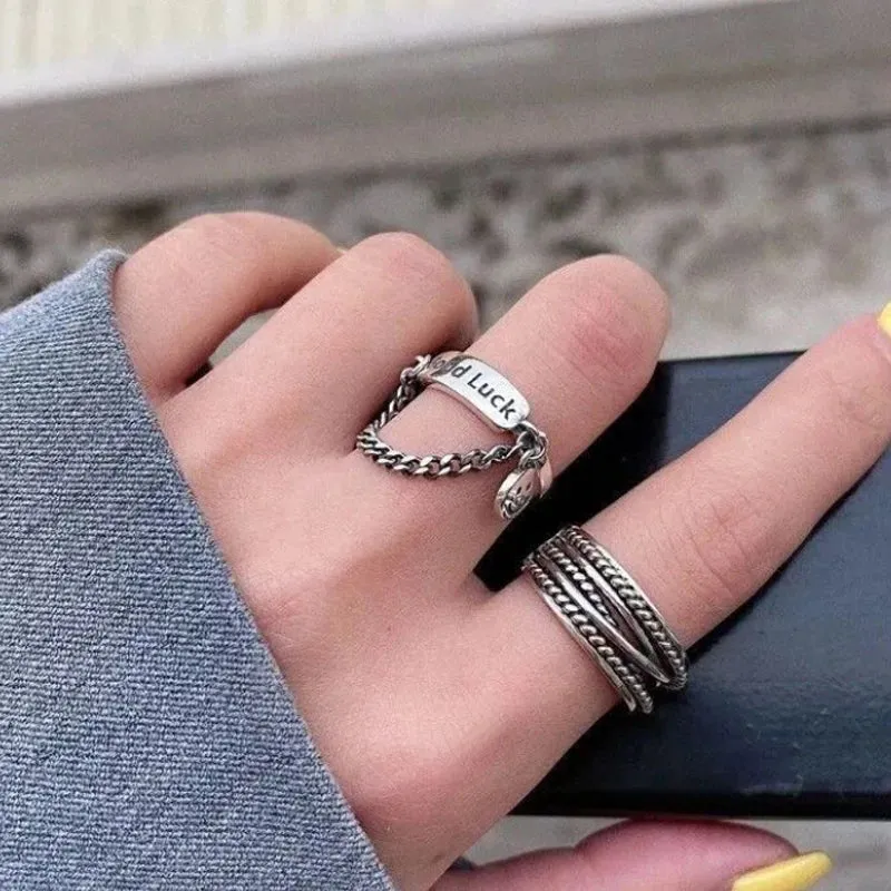 LATS Punk Cool Hip Pop Rings Multi-layer Adjustable Chain Four Open Finger Rings Alloy Man Rotate Rings for Women Party Gift