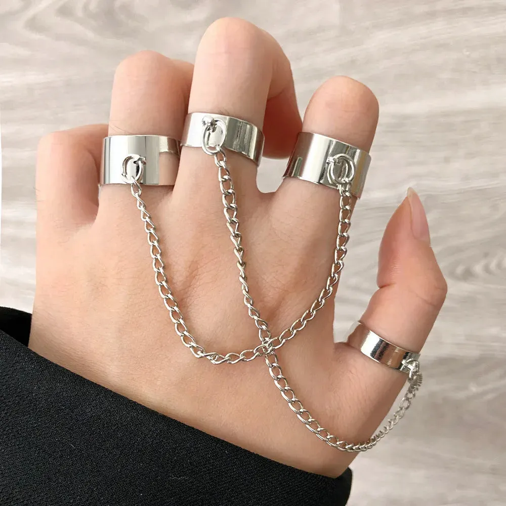 LATS Punk Cool Hip Pop Rings Multi-layer Adjustable Chain Four Open Finger Rings Alloy Man Rotate Rings for Women Party Gift