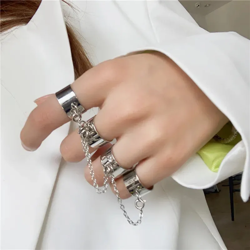 LATS Punk Cool Hip Pop Rings Multi-layer Adjustable Chain Four Open Finger Rings Alloy Man Rotate Rings for Women Party Gift