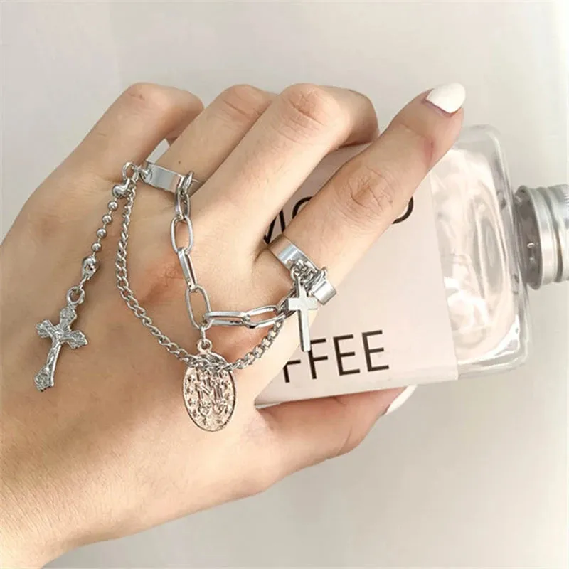 LATS Punk Cool Hip Pop Rings Multi-layer Adjustable Chain Four Open Finger Rings Alloy Man Rotate Rings for Women Party Gift