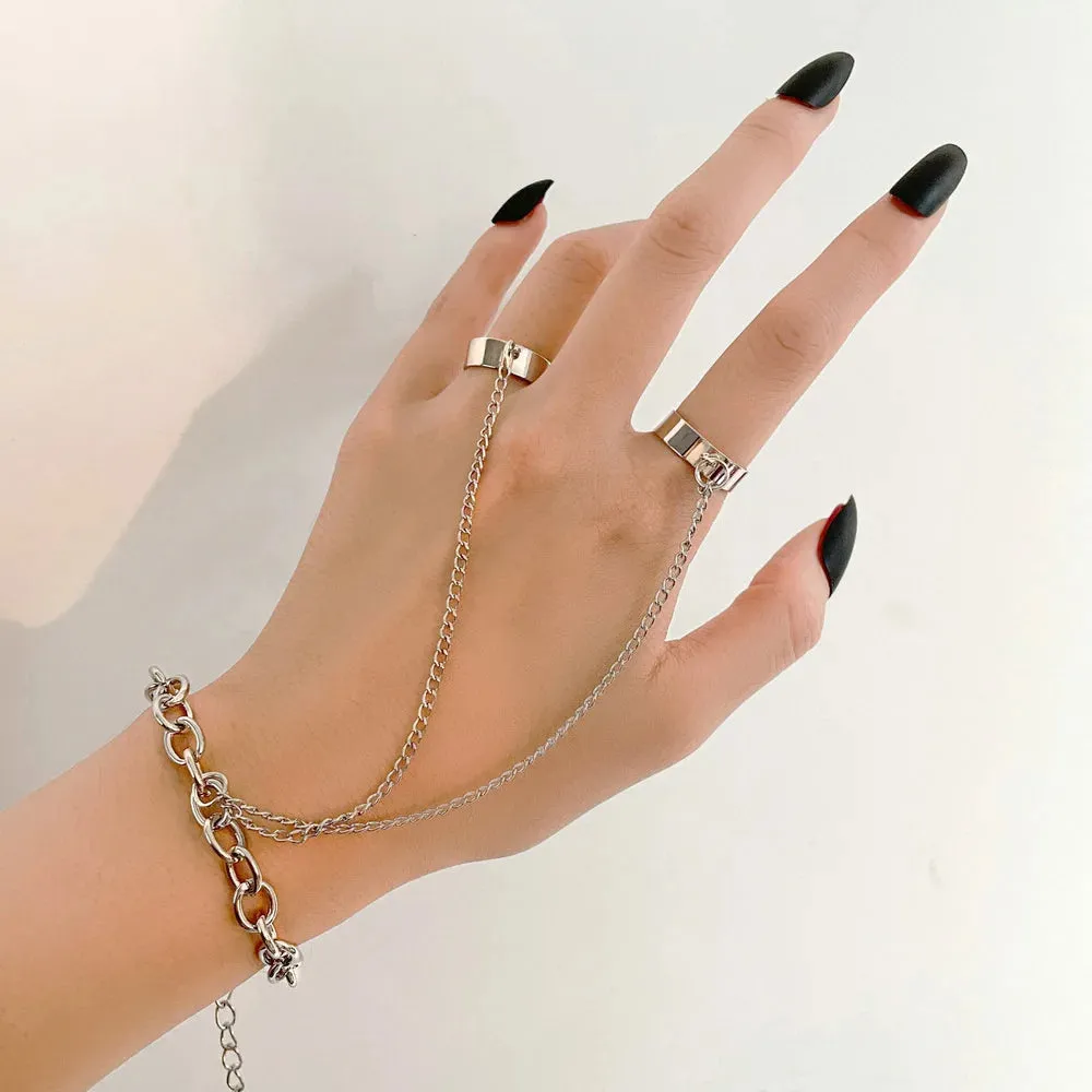 LATS Punk Cool Hip Pop Rings Multi-layer Adjustable Chain Four Open Finger Rings Alloy Man Rotate Rings for Women Party Gift