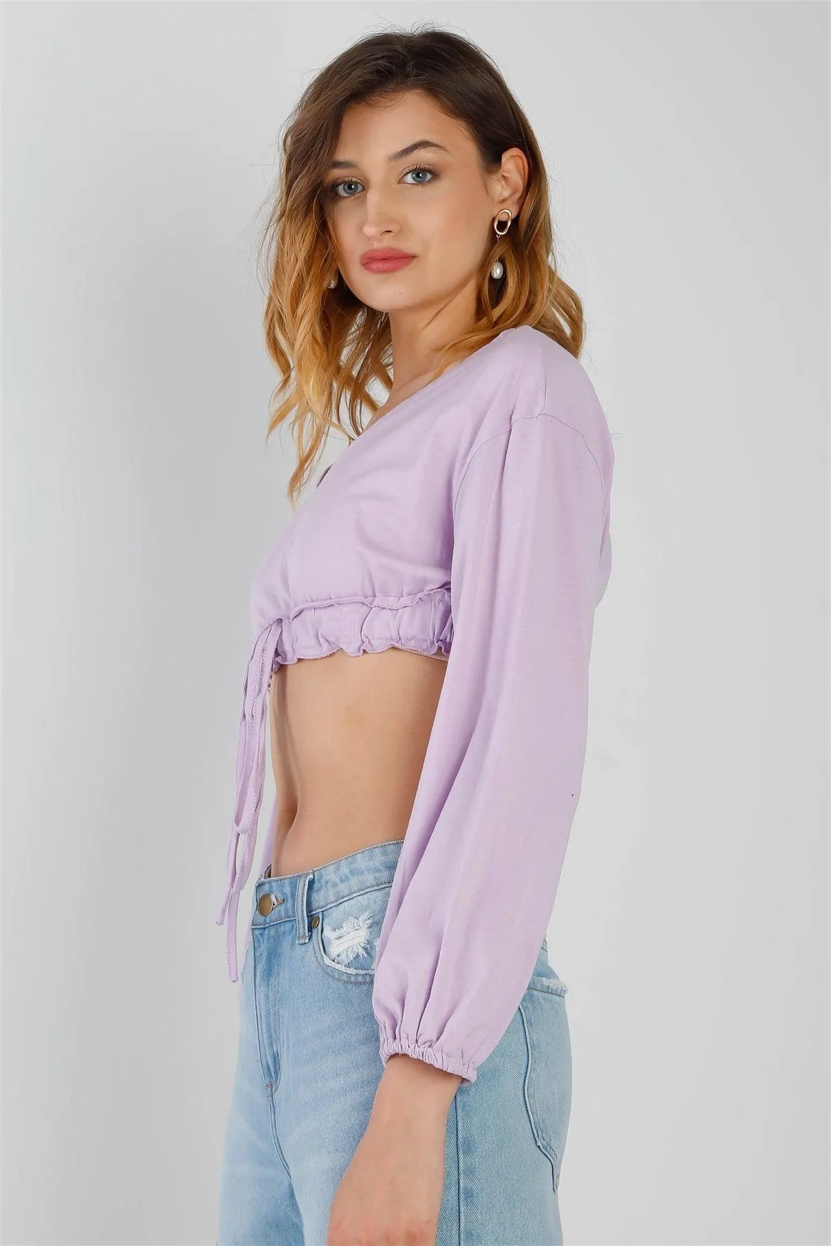 Lilac Self-Tie Ruffle Hem V-Neck Long Balloon Sleeve Crop Top /2-2-2