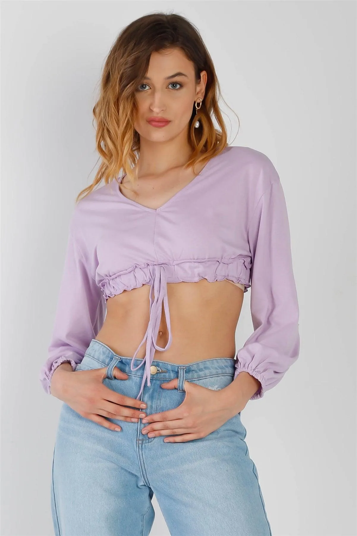 Lilac Self-Tie Ruffle Hem V-Neck Long Balloon Sleeve Crop Top /2-2-2