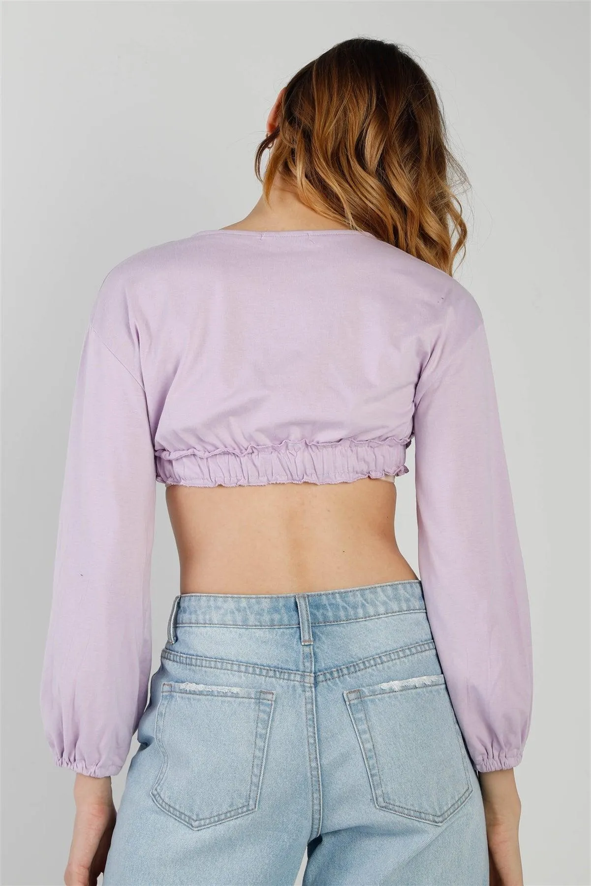 Lilac Self-Tie Ruffle Hem V-Neck Long Balloon Sleeve Crop Top /2-2-2