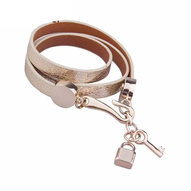 Luxury Pink Leather Bracelet with Lock and Key