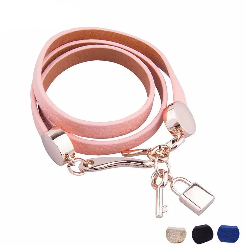 Luxury Pink Leather Bracelet with Lock and Key