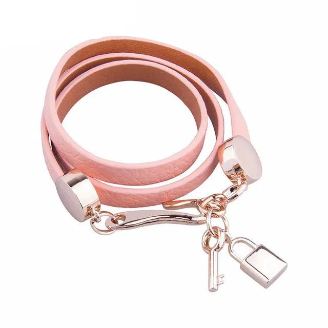 Luxury Pink Leather Bracelet with Lock and Key