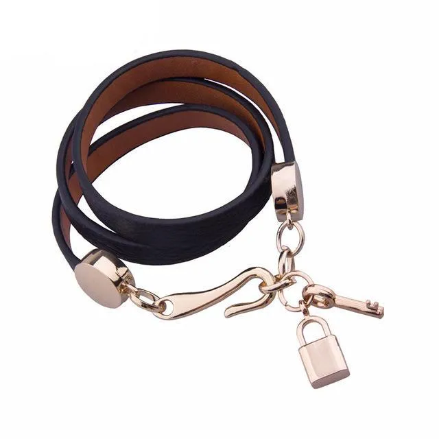 Luxury Pink Leather Bracelet with Lock and Key