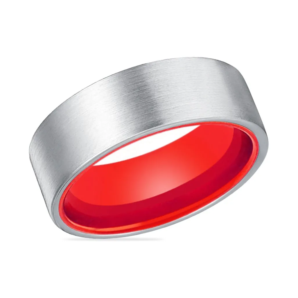 MACAU | Red Ring, Silver Tungsten Ring, Brushed, Flat