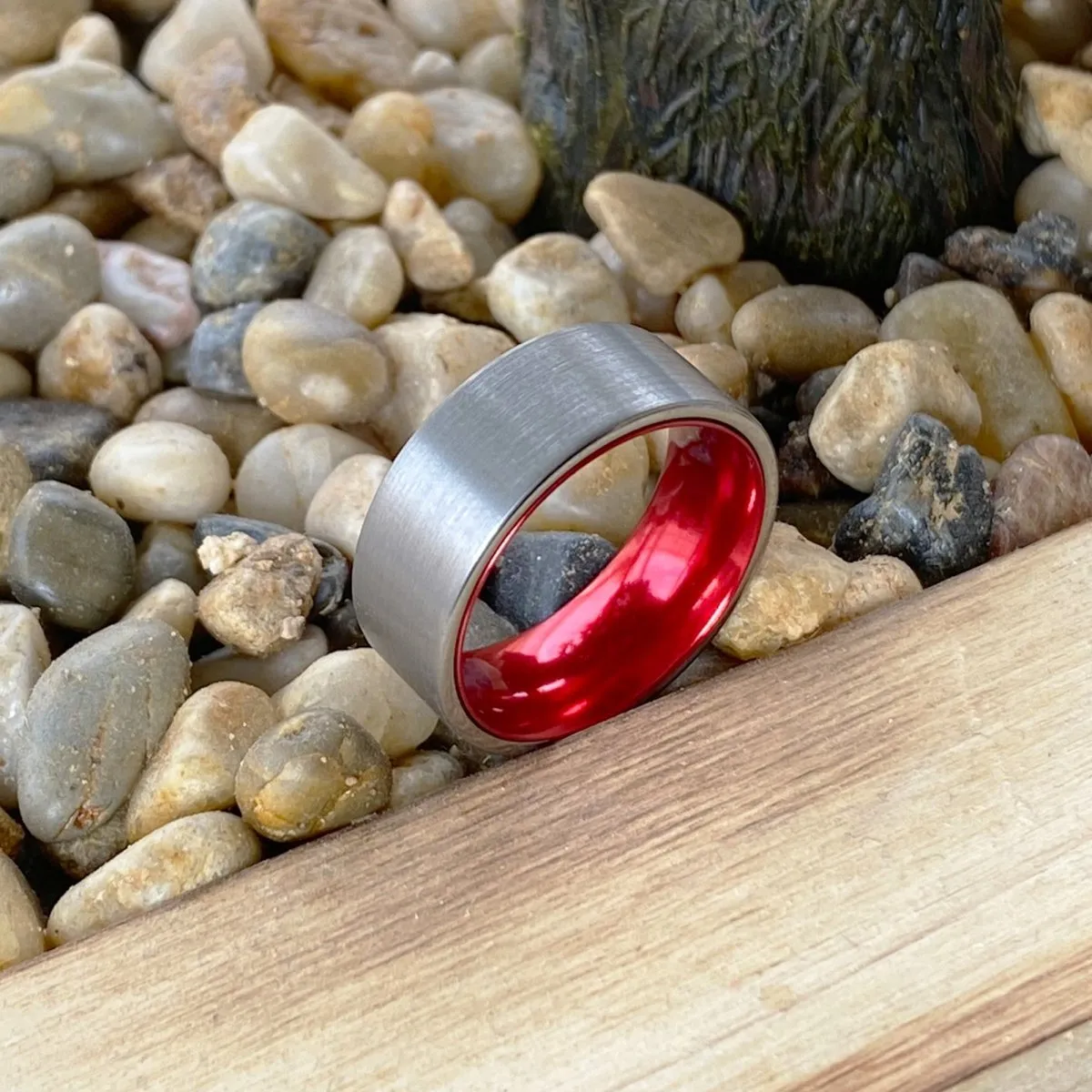 MACAU | Red Ring, Silver Tungsten Ring, Brushed, Flat