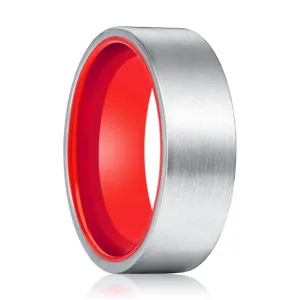 MACAU | Red Ring, Silver Tungsten Ring, Brushed, Flat