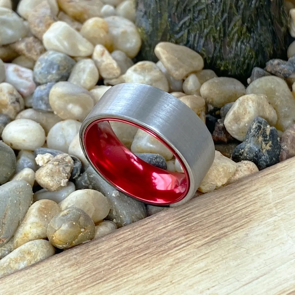 MACAU | Red Ring, Silver Tungsten Ring, Brushed, Flat