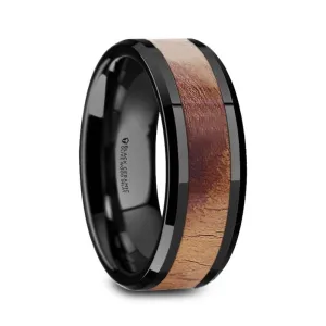 MARCUS | Black Ceramic Ring, Olive Wood Inlay, Beveled