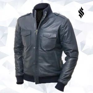 Men Blue Bomber Leather Jacket