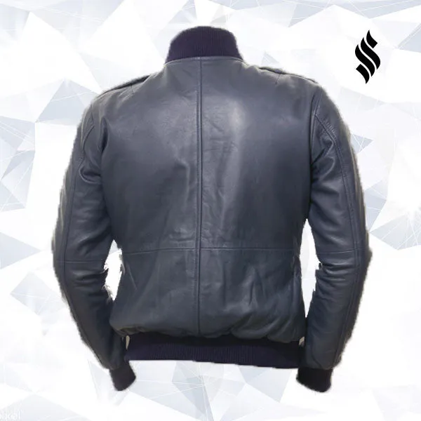 Men Blue Bomber Leather Jacket