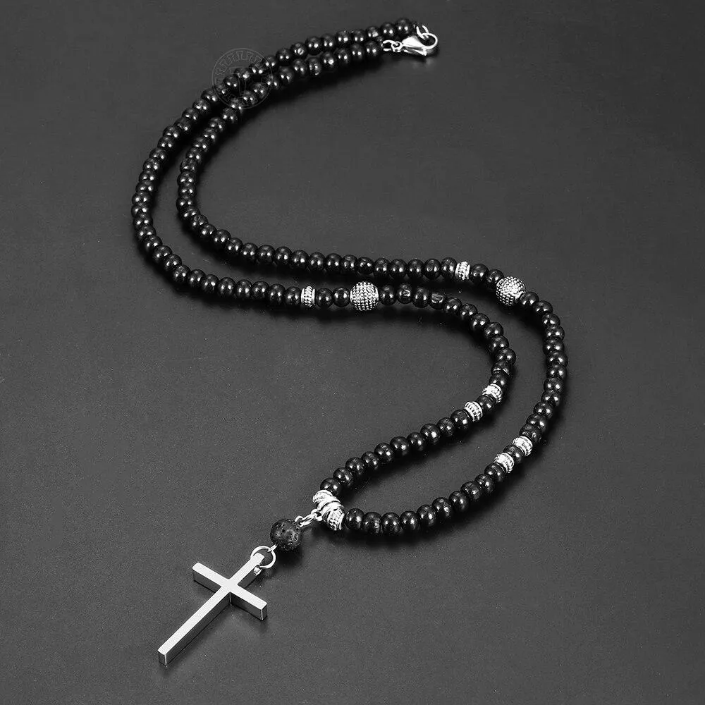 Men's Christian Necklace <br> Black Polished Beads