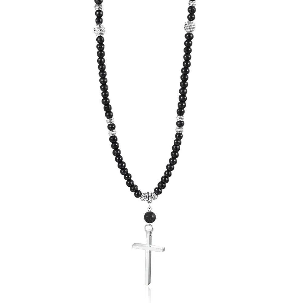 Men's Christian Necklace <br> Black Polished Beads