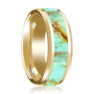 Men's Polished 14k Yellow Gold Wedding Band with Turquoise Stone Inlay & Beveled Edges - 8MM