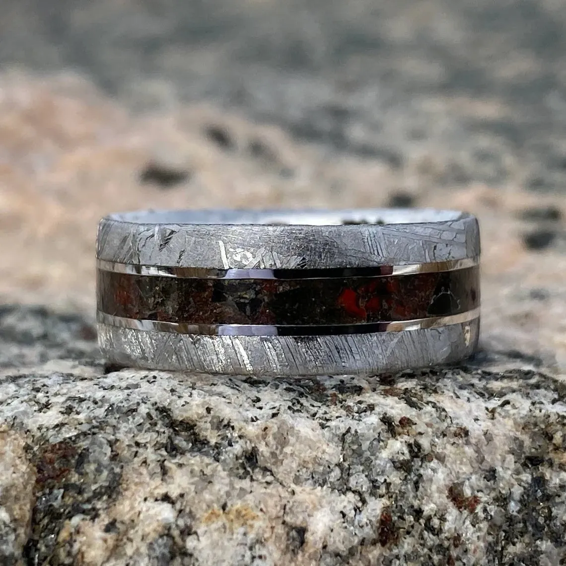 Meteorite Ring Wedding Band w/ Dinosaur Bone And Obsidian Center Inlay USA Made