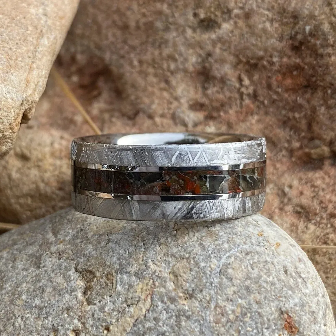 Meteorite Ring Wedding Band w/ Dinosaur Bone And Obsidian Center Inlay USA Made