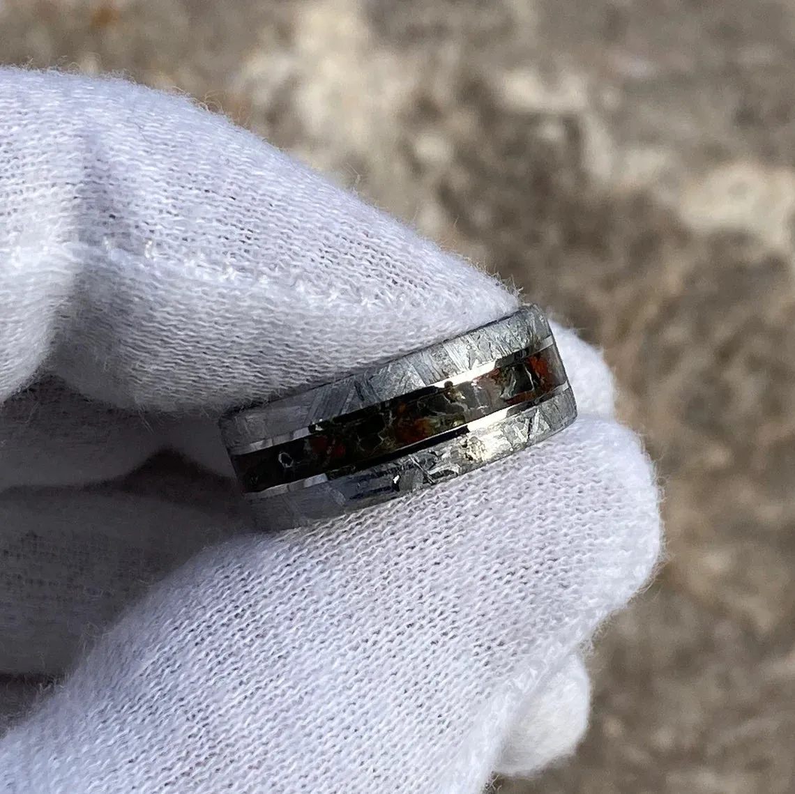 Meteorite Ring Wedding Band w/ Dinosaur Bone And Obsidian Center Inlay USA Made