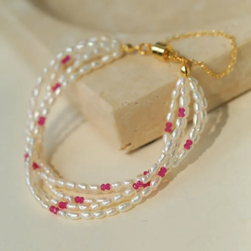 Mini Pearl and Ruby Beaded Bracelet