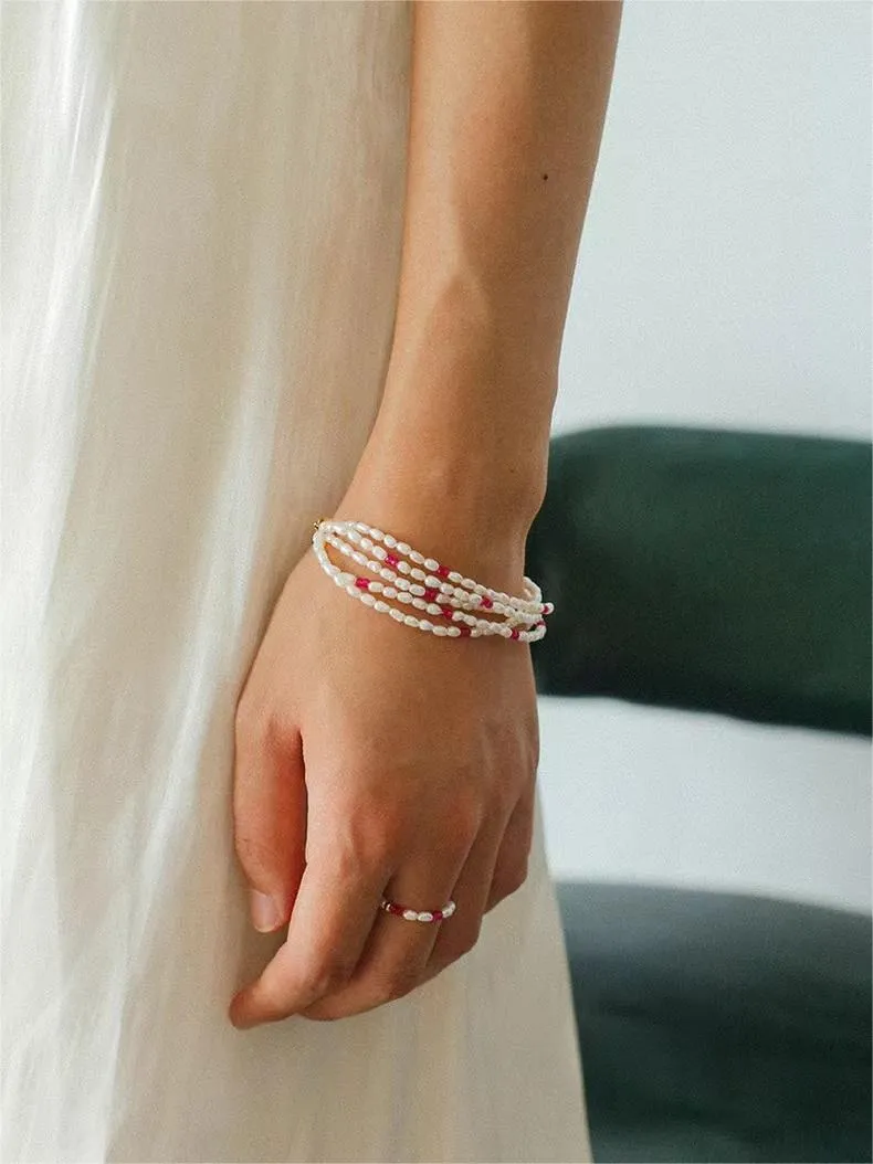 Mini Pearl and Ruby Beaded Bracelet