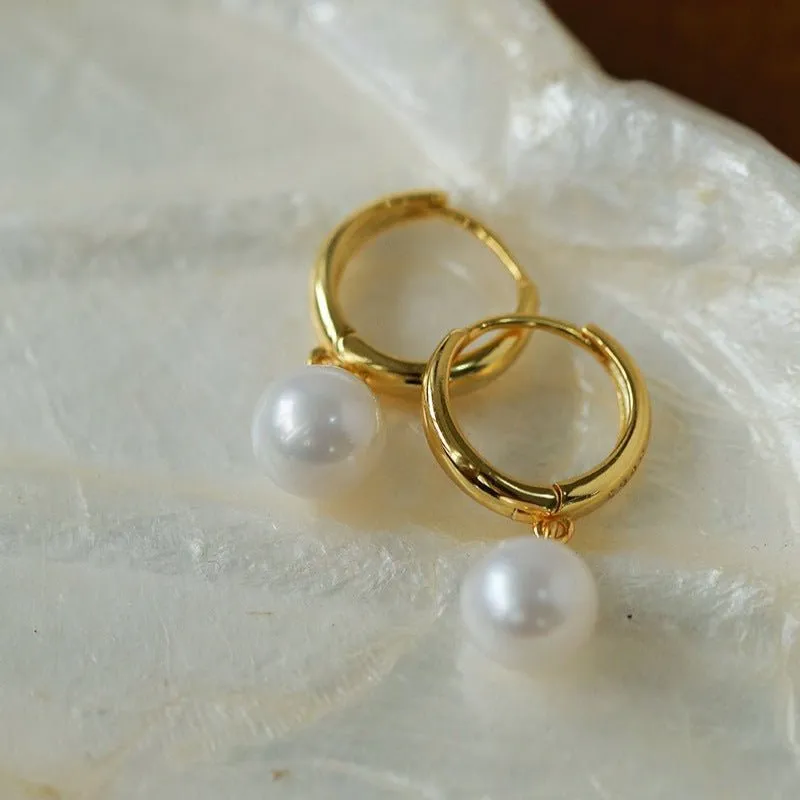 Minimalist Freshwater Pearl Drop Hoop Earrings