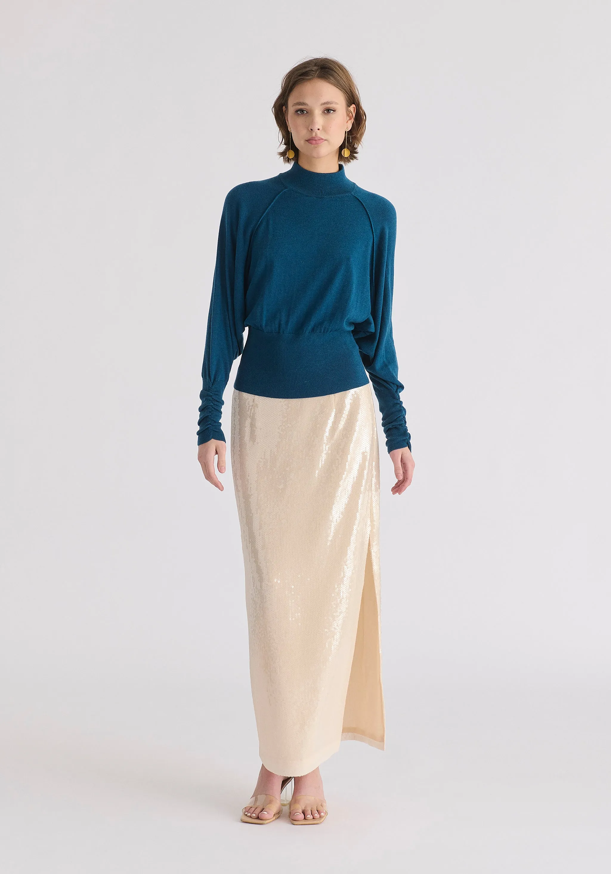 Mock Neck Batwing Jumper with Ruched Cuffs