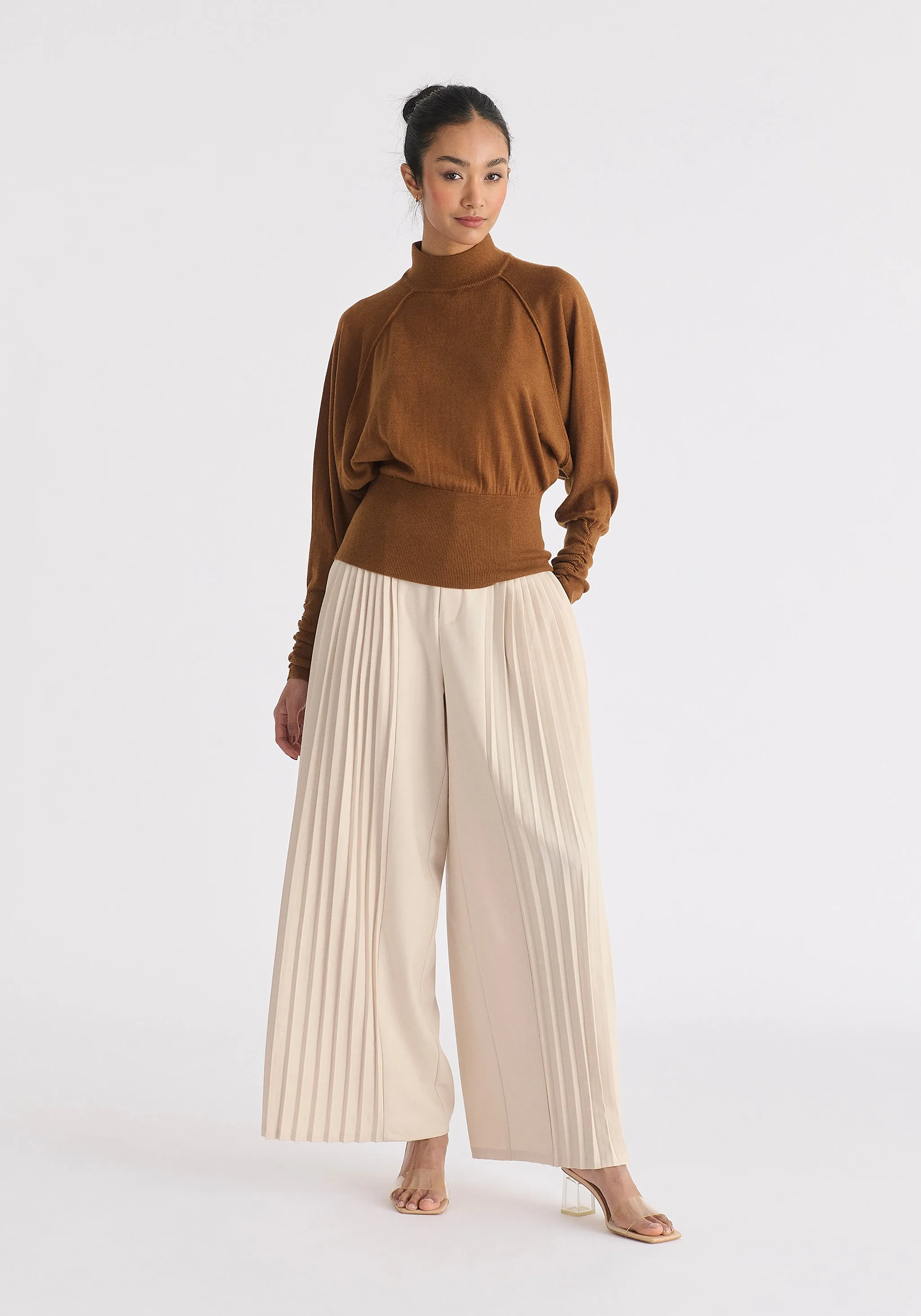 Mock Neck Batwing Jumper with Ruched Cuffs