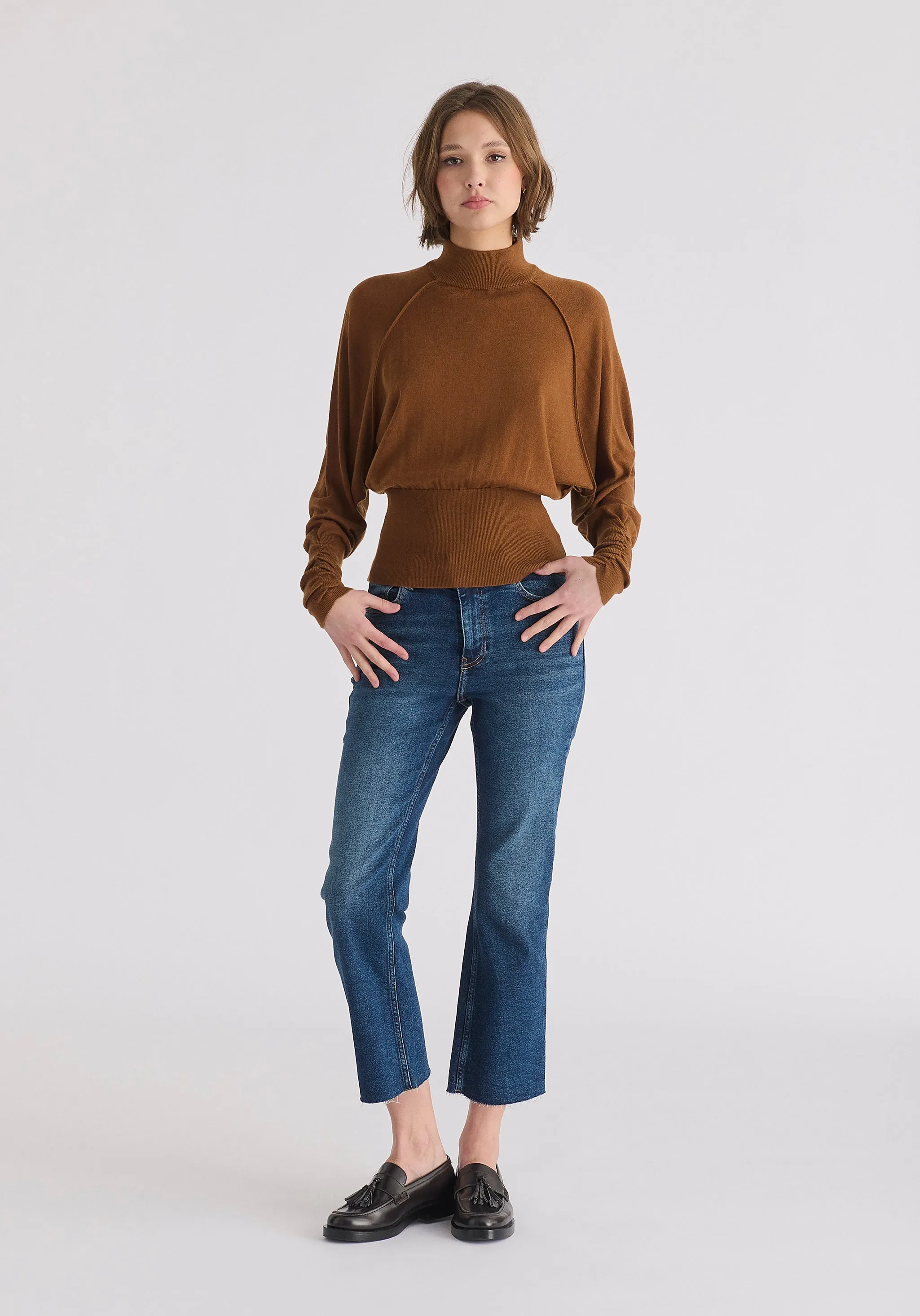 Mock Neck Batwing Jumper with Ruched Cuffs