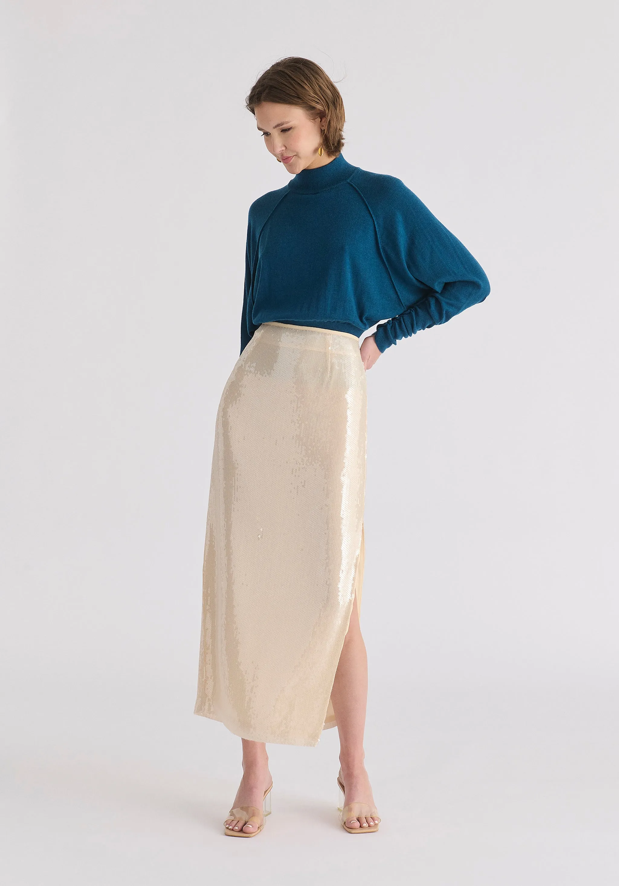 Mock Neck Batwing Jumper with Ruched Cuffs