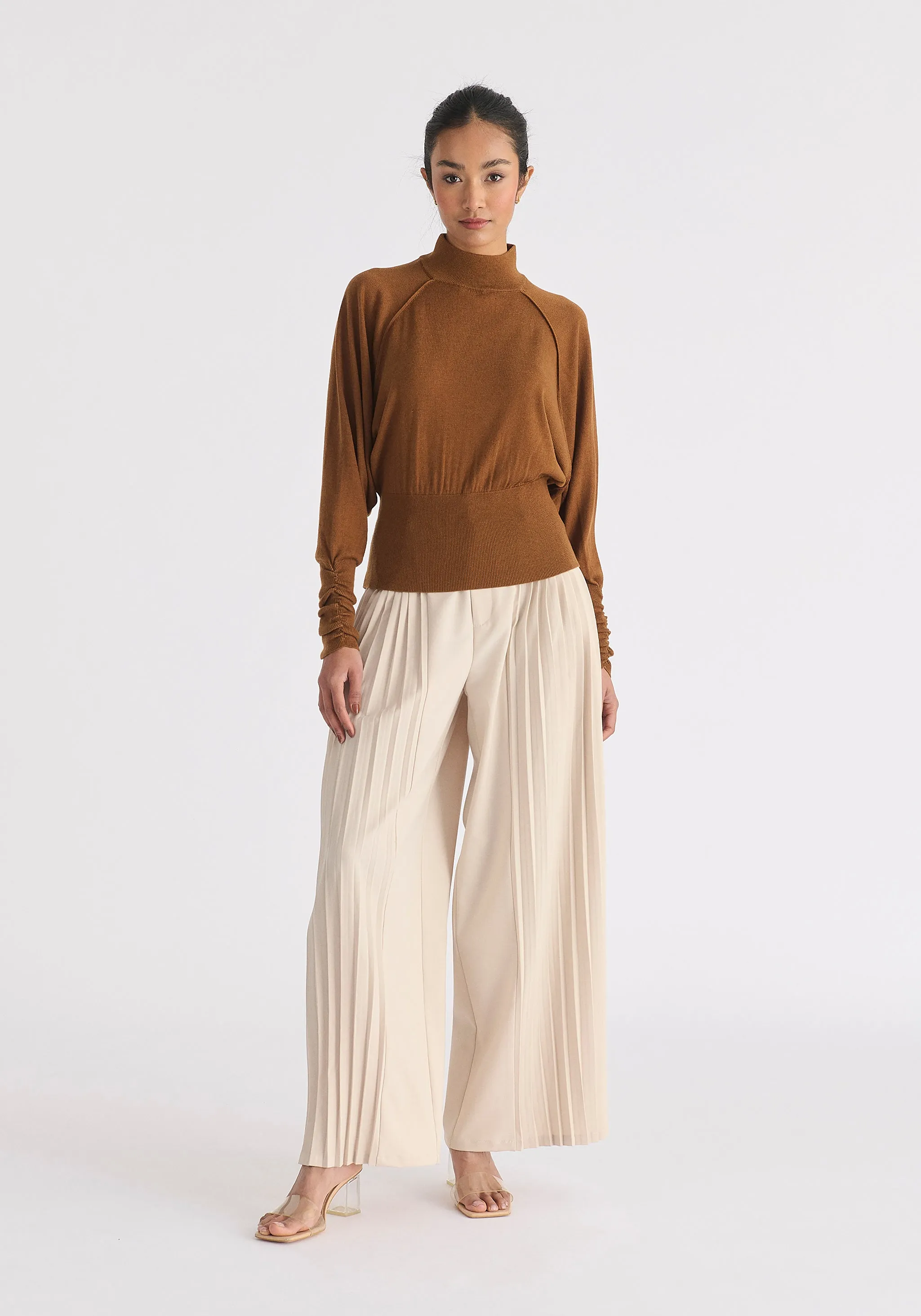 Mock Neck Batwing Jumper with Ruched Cuffs