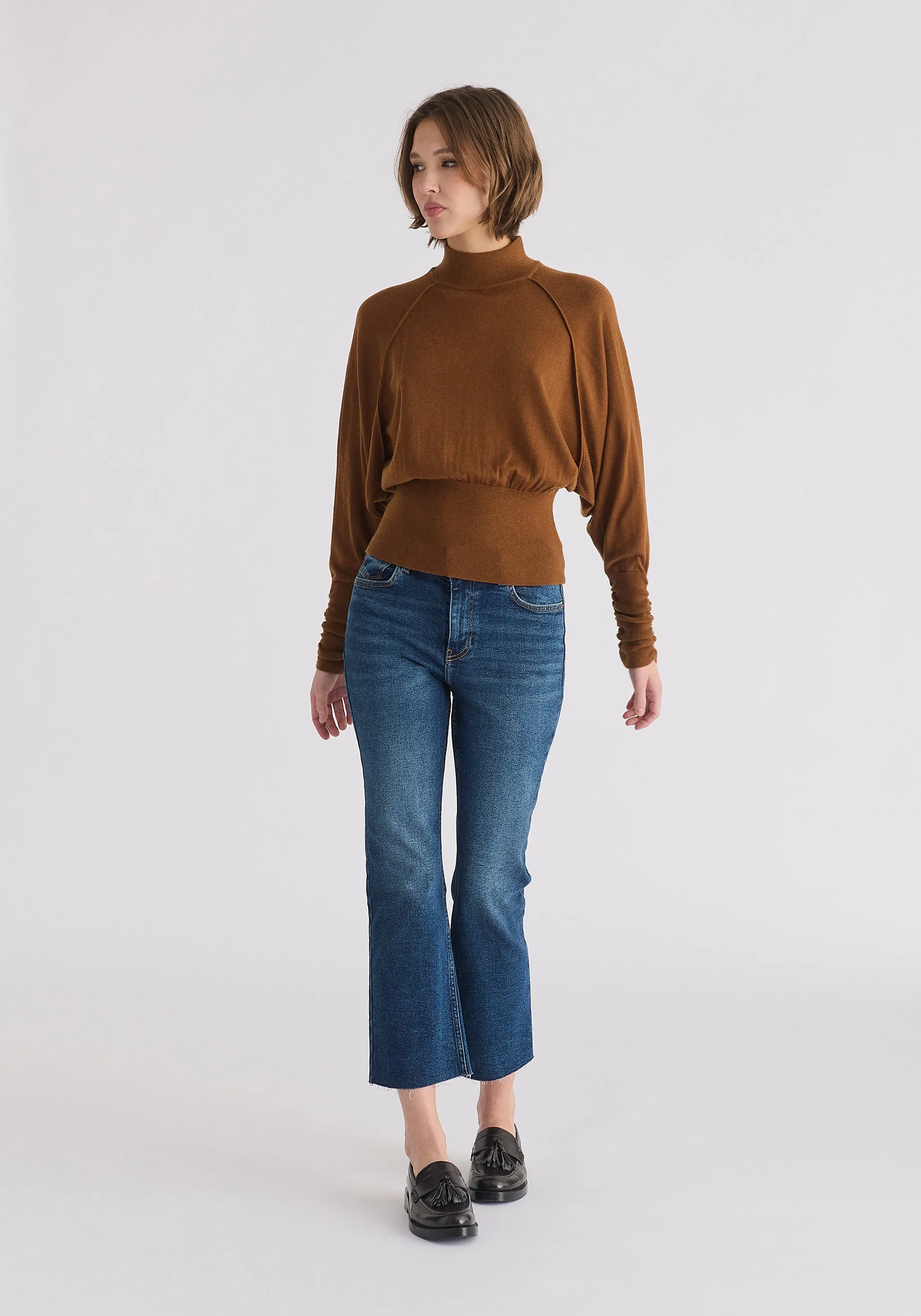 Mock Neck Batwing Jumper with Ruched Cuffs