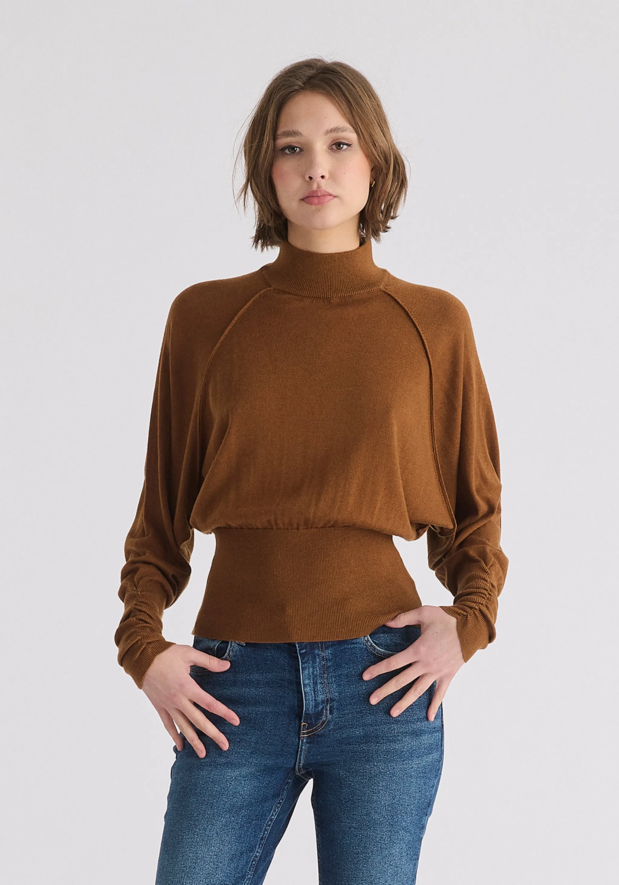 Mock Neck Batwing Jumper with Ruched Cuffs