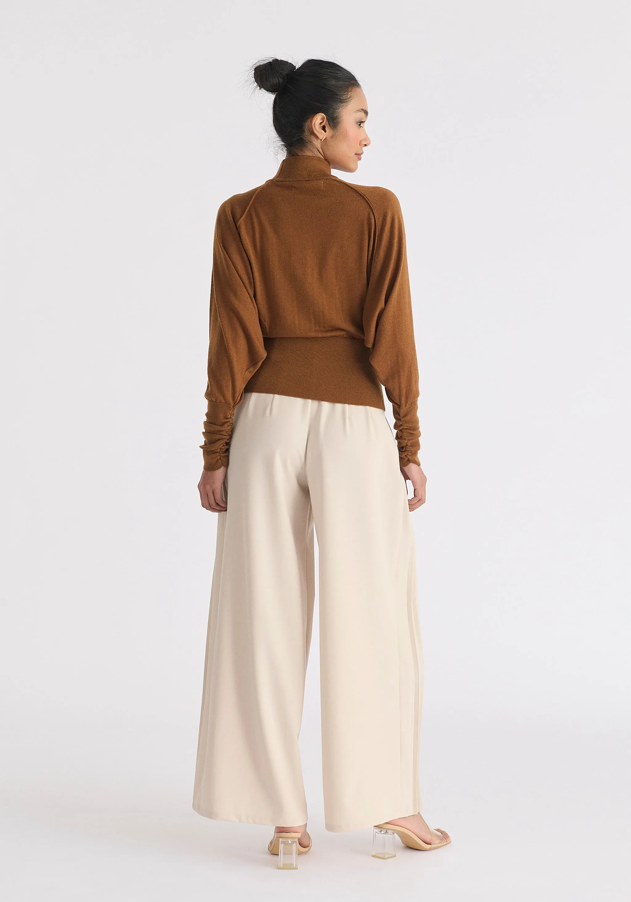 Mock Neck Batwing Jumper with Ruched Cuffs