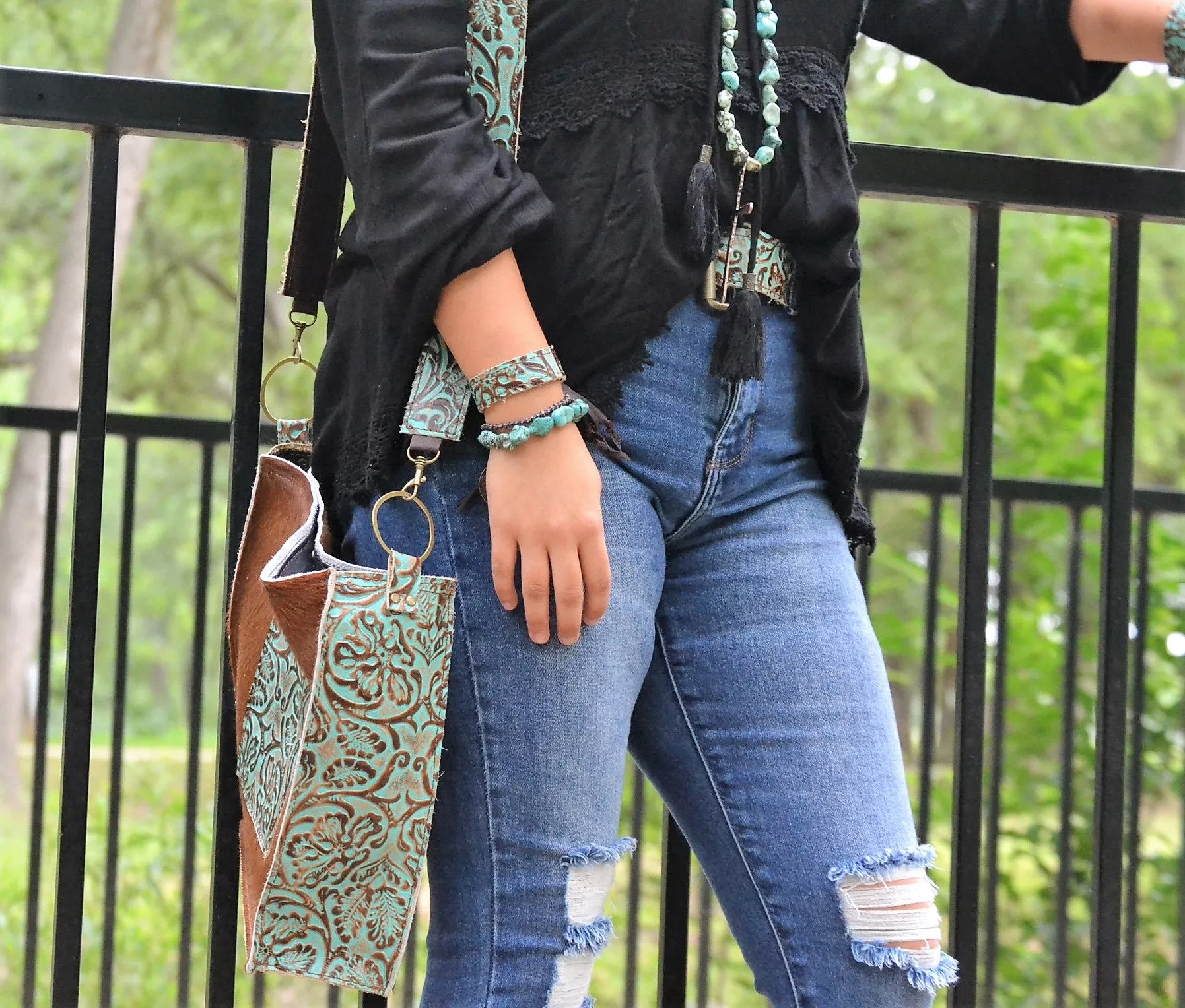 **Narrow Leather Cuff in Cowboy Turquoise w/ adjustable leather 001f