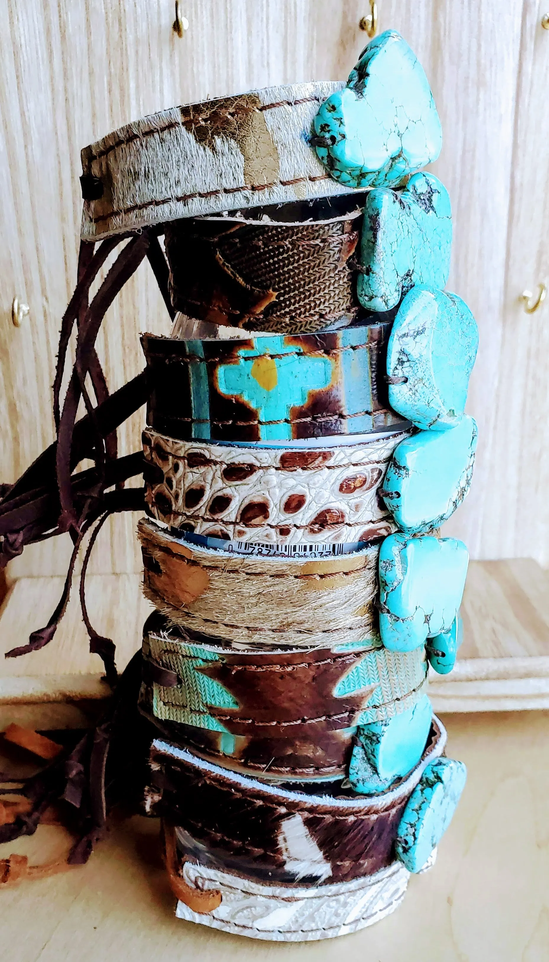 Narrow Leather Cuff w/ Turquoise Slab-Turquoise Navajo 002g