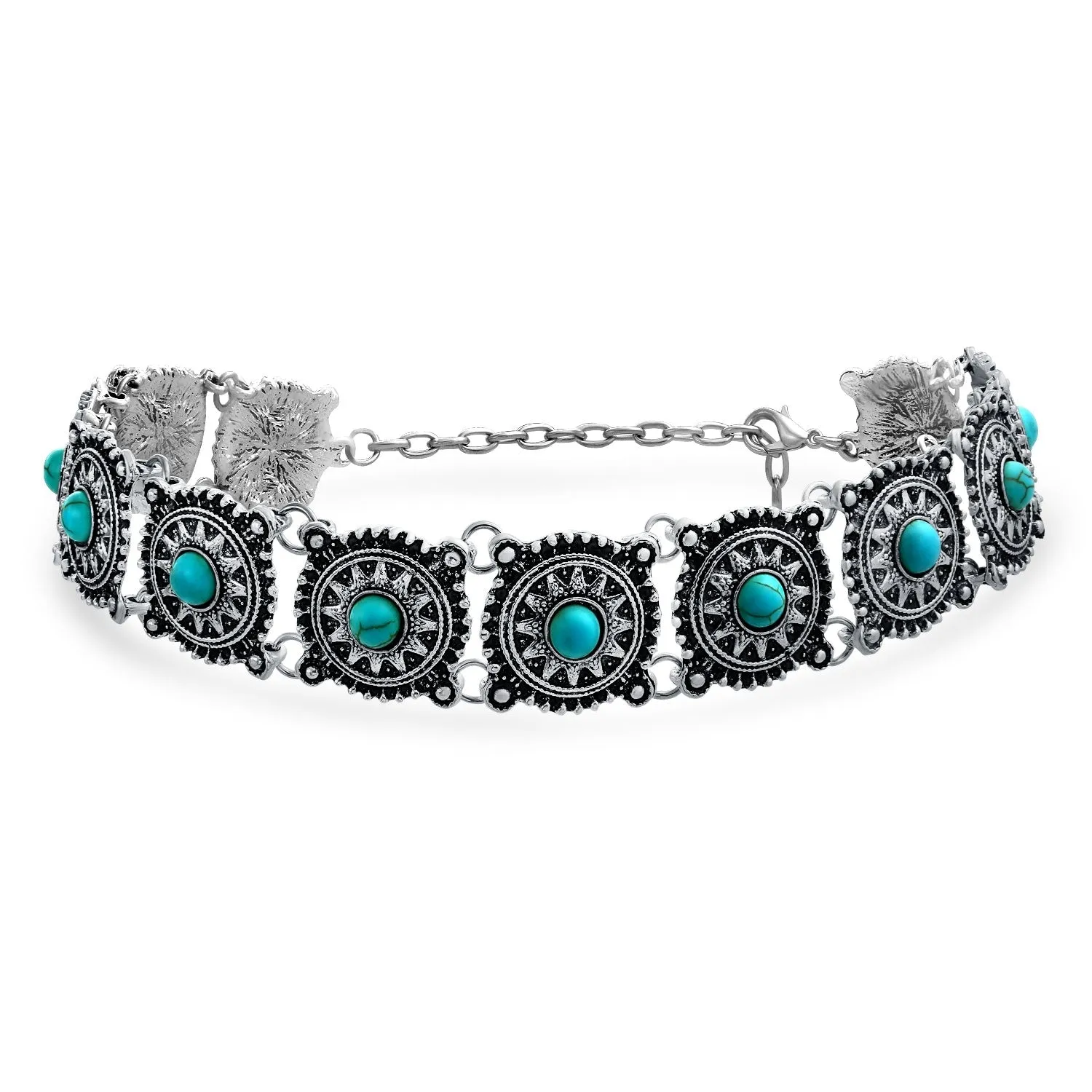 Native American Concho Faux Turquoise Choker Necklace in Oxidized Silver