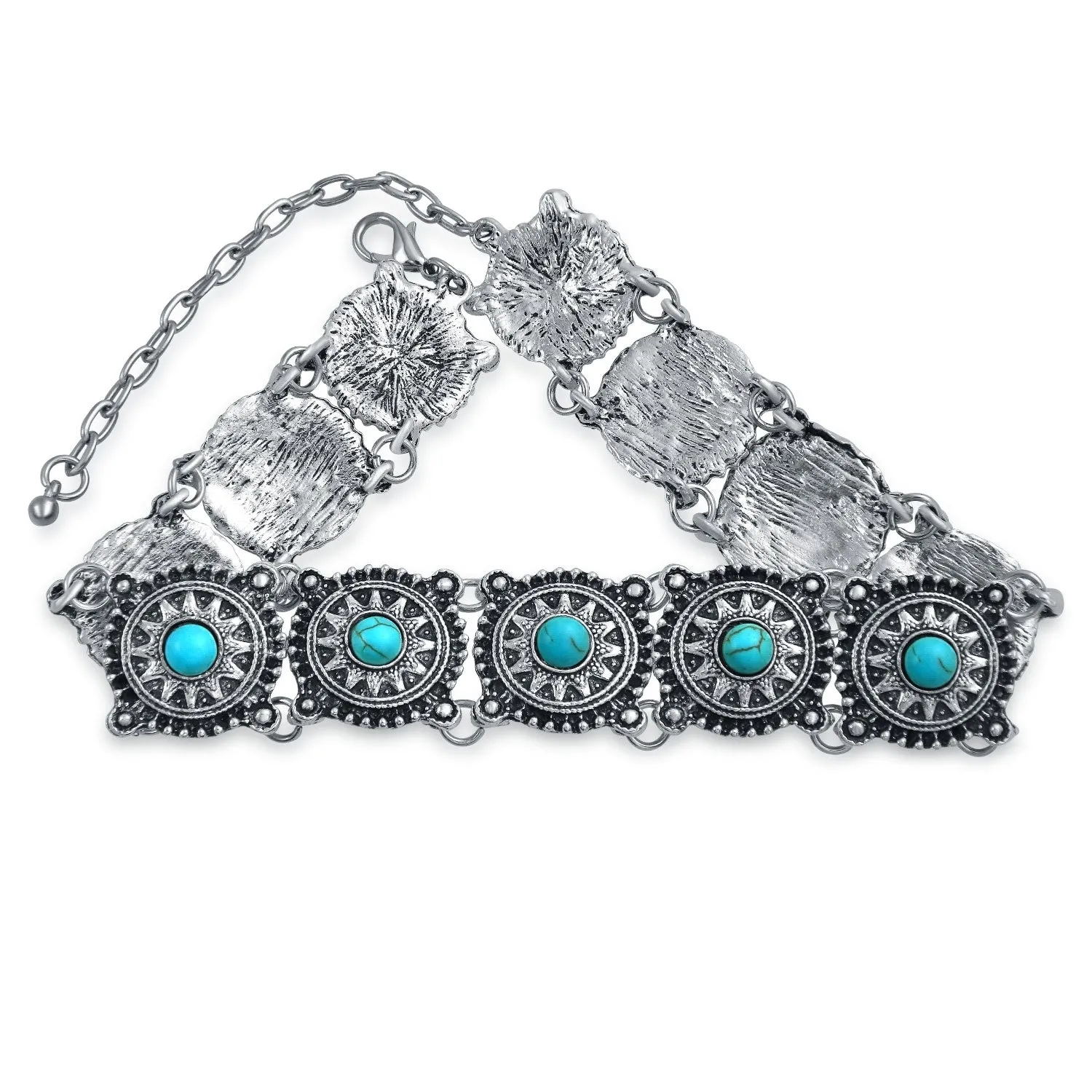 Native American Concho Faux Turquoise Choker Necklace in Oxidized Silver