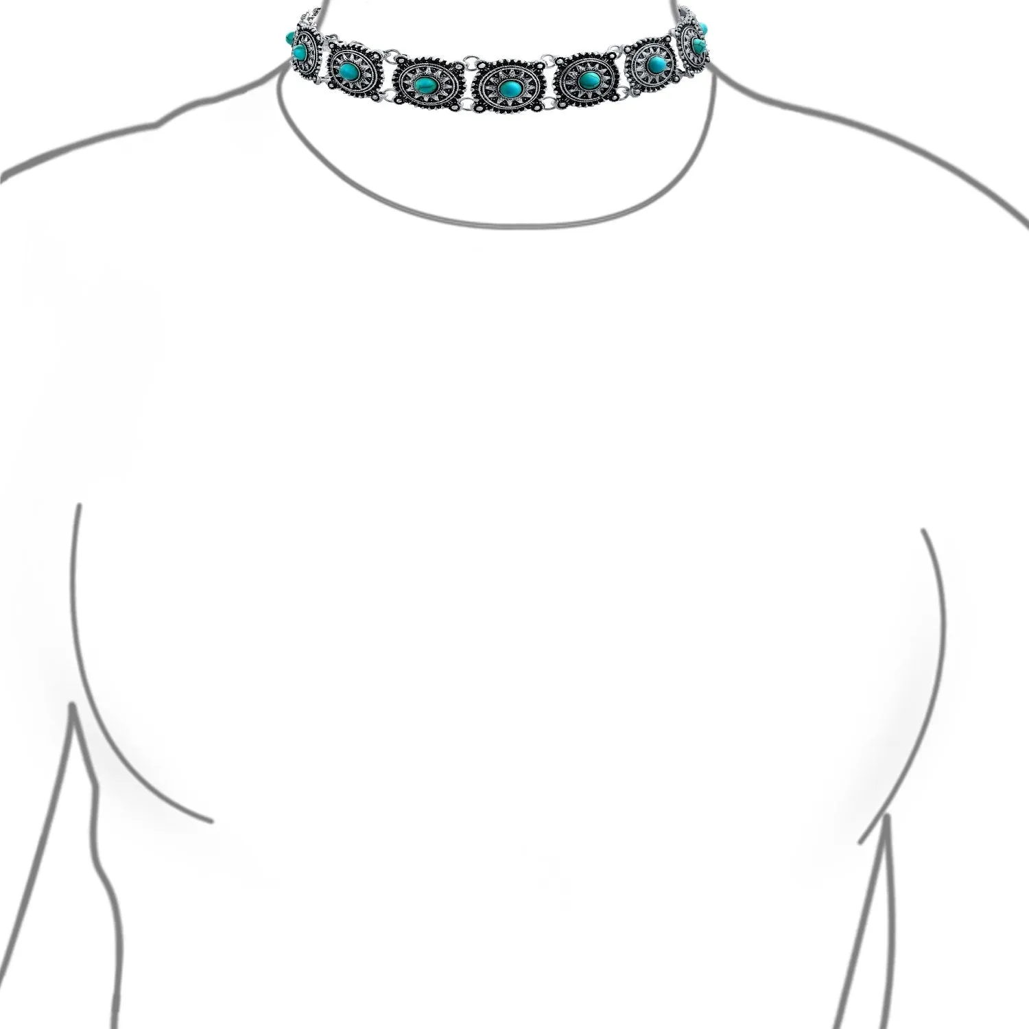 Native American Concho Faux Turquoise Choker Necklace in Oxidized Silver