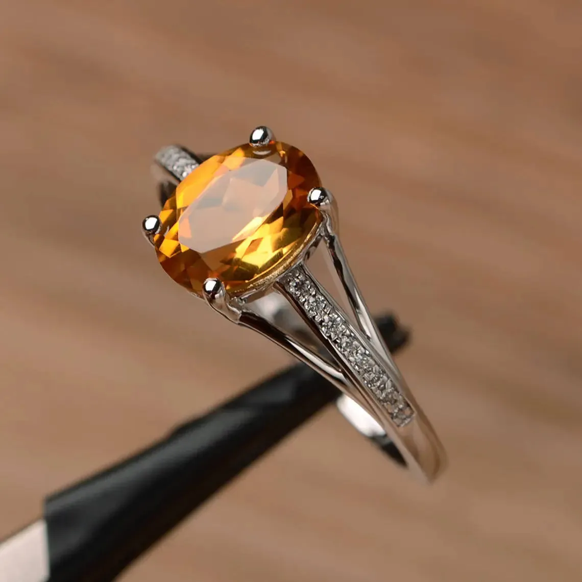 Natural Oval Cut Citrine Unique Promise Ring - 925 Sterling Silver Rings