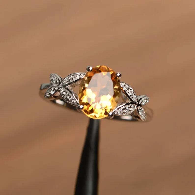 Natural Oval Cut Citrine Unique Promise Rings - 925 Sterling Silver Ring